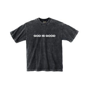God is good all the time vintage black shirt white puff print letters
