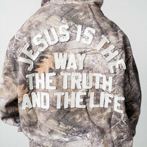 back of youth camouflage cotton french terry hoodies with applique letters that read Jesus is the way the truth and the life
