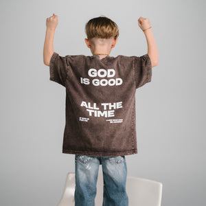 LITTLES GOD IS GOOD ALL THE TIME WHITE PUFF LETTERS VINTAGE BROWN BACK